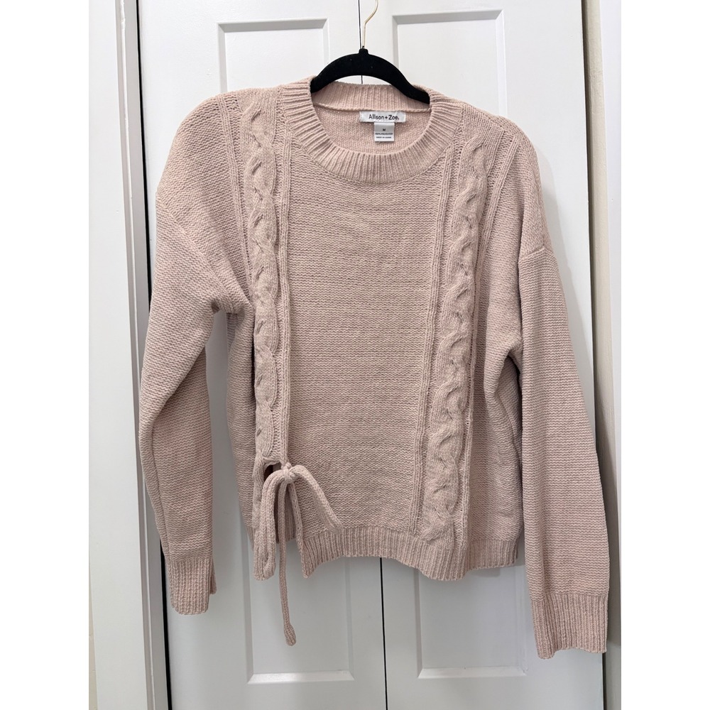 Allison + Zoe Women Pink Chenille Cable Knit Side Tie Crewneck Sweater Medium